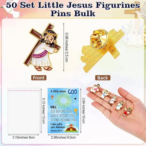 50 Set Religious Christian Mini Jesus Figures Lapel Pins Bulk Easter Christian Enamel Jesus Brooch Pin with Bible Verse Cards Bags Metal Tie Pins for Stuffers Easter Baptism Party Church Gifts in Kuwait