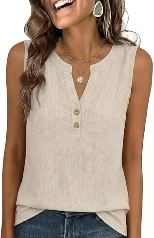 IDEALSANXUN Womens Linen Tank Tops Spring Summer Trendy V Neck Henley Sleeveless Shirts Vest Top in Kuwait
