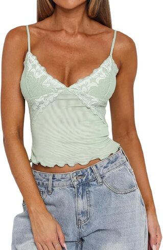Lace Camisole Tops for Women Strappy V Neck Sheer Lace Tank Tops Y2k Cute Going Out Top in Saudi Arabia