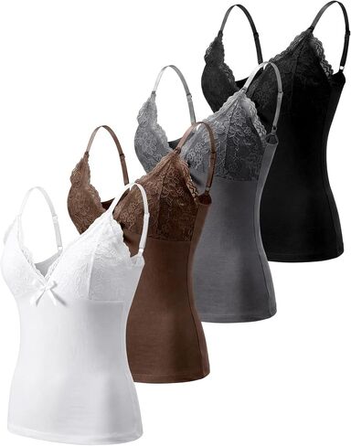 Fourluoo 4 Pack Women Lace Camisole Tank Tops V Neck Bow Front Adjustable Strap Y2k Lace Patchwork Slim Fit Cami Tops in Kuwait