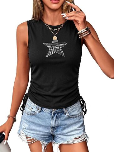 Women's Sleeveless Tank Tops Rhinestone Crop Tank Top Drawstring Side Shirts Summer Y2K Going Out Tops in Kuwait