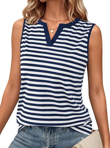 LilyCoco Women Striped Tank Top Summer Casual V Neck Ringer Sleeveless Shirts in Saudi Arabia
