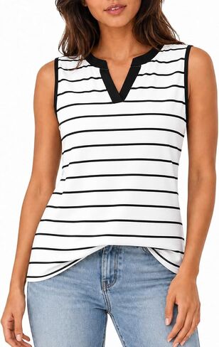 LilyCoco Women Striped Tank Top Summer Casual V Neck Ringer Sleeveless Shirts in Saudi Arabia