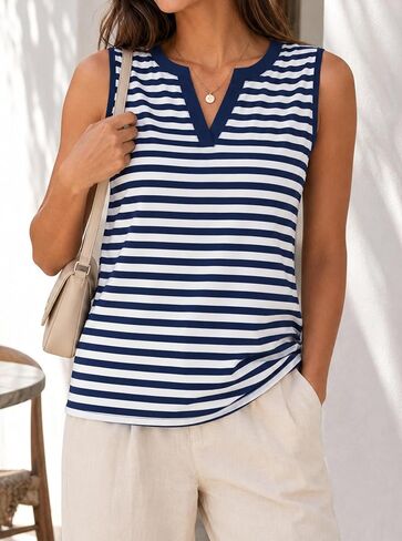 LilyCoco Women Striped Tank Top Summer Casual V Neck Ringer Sleeveless Shirts in Saudi Arabia