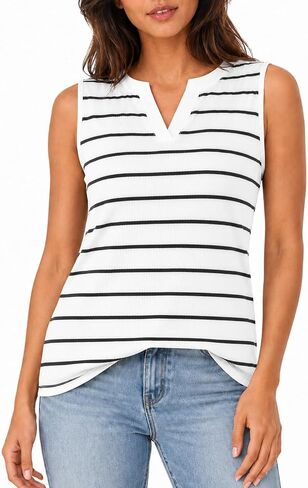 LilyCoco Women Striped Tank Top Summer Casual V Neck Ringer Sleeveless Shirts in Saudi Arabia