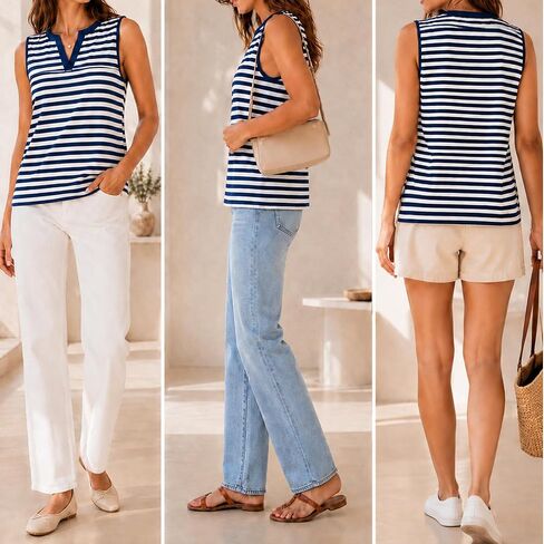 LilyCoco Women Striped Tank Top Summer Casual V Neck Ringer Sleeveless Shirts in Saudi Arabia