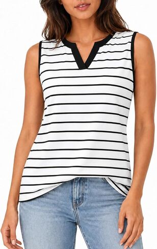 LilyCoco Women Striped Tank Top Summer Casual V Neck Ringer Sleeveless Shirts in Saudi Arabia
