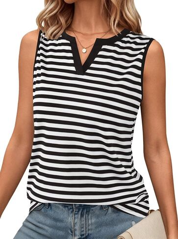 LilyCoco Women Striped Tank Top Summer Casual V Neck Ringer Sleeveless Shirts in Saudi Arabia