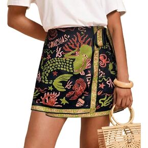 Womens Wrap Mini Skirt Boho Floral Printed Knot Side High Waist A Line Casual Summer Beach Short Skirt Black Gold in Saudi Arabia