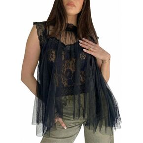Women's Sheer Organza Blouse Lace Cropped Tank Top 2 Piece Layered Sleeveless Flowy Tunic Shirt High Neck Tops in Saudi Arabia