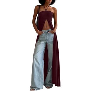 LETSVDO Women's Halter Maxi Top Sleeveless High Split Tube Backless Flowy Shirt Sexy Beach Vacation Long Dress Cover Ups in Saudi Arabia