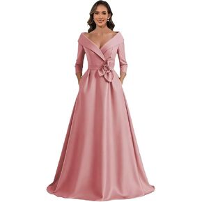 A Line Satin Mother of The Bride Dresses for Women Long Sleeve Flower Puffy Ball Gown Wedding Guest Dress with Pockets in Saudi Arabia