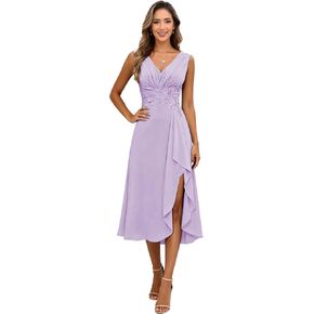 Tea Length Mother of The Bride Dresses with Slit Lace Applique Formal Dresses for Women Sleeveless Ruffle Wedding Guest Dress in Kuwait