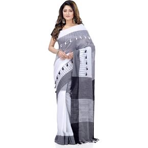 dB DESH BIDESH Women's Traditional Bengali Handloom Tant Pure Cotton Saree Pompom Desigined With Blouse Piece Free Size Light Black Grey White in Saudi Arabia