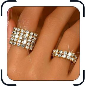2Pcs Rhinestone Rings Set for Women Bling Crystal Stretch Rings Gold Silver Black Elastic Knuckle Ring Chunky Statement Ring Sparkly Stretchy Stack Finger Jewelry in Saudi Arabia