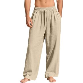 Men's Casual Linen Pants Summer Beach Lightweight Yoga Pant Elastic Waist Drawstring Pants in Saudi Arabia