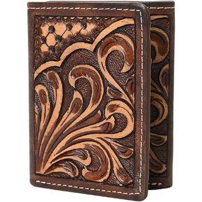 Western Hand Carved Genuine Leather Rodeo Trifold Wallet For Men Women | Handmade Wallets Cowboy Casual Tooled in Saudi Arabia