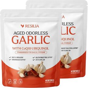 Resilia Odorless Aged Garlic Extract 600 mg softgels with CoQ10 Ubiquinol and Vitamin K2 (as MK-7), 20-Month Matured Garlic, 120 Softgel (Pack 2) in Kuwait