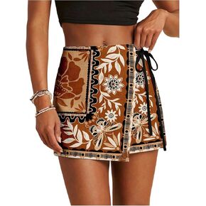 SweatyRocks Women's Boho Mini Skirts Floral Shorts Tie Side Wrap Elastic Waist Summer Skorts Beach Vacation Outfits Rust Brown Small in Kuwait