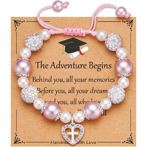 2026 Graduation Gifts Cross Bracelet Adjustable Pink Pearl Heart Beaded Cross Bracelet Graduation Gifts for Daughter Granddaughter Niece in Saudi Arabia