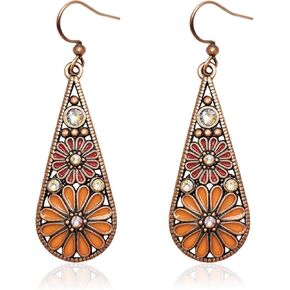 Bohemian Crystal Teardrop Pendant Earring,Vintage Olive Green Hollow Out Flower Floral Dangle Earrings,National Style Geometry Enamel Flower Hook Earrings,Handmade Ethnic Statement Jewelry for Women in Saudi Arabia