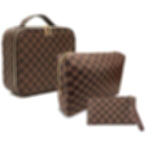Makeup Bag,3 Pcs Brown Checkered Bags Set,Portable with Adjustable Partition,Large Capacity Pouch for Travel Cosmetic Organizer, Coin Purse, Waterproof, Toiletries,Designer for Gift,Checkered in Saudi Arabia