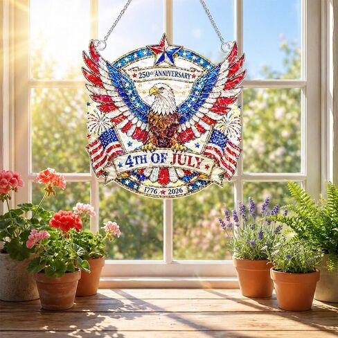 250th Anniversary USA Suncatcher -(8 Inches) Eagle Wavy Acrylic Stained Glass Suncatcher Window Hanging, Independence Day 4th of July Decorations for Home & Garden, 2026 Patriotic, B in Saudi Arabia
