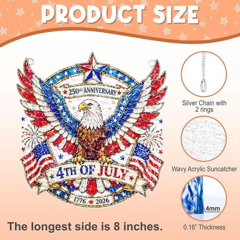 250th Anniversary USA Suncatcher -(8 Inches) Eagle Wavy Acrylic Stained Glass Suncatcher Window Hanging, Independence Day 4th of July Decorations for Home & Garden, 2026 Patriotic, B in Saudi Arabia