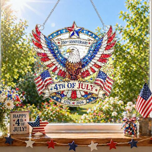250th Anniversary USA Suncatcher -(8 Inches) Eagle Wavy Acrylic Stained Glass Suncatcher Window Hanging, Independence Day 4th of July Decorations for Home & Garden, 2026 Patriotic, B in Saudi Arabia