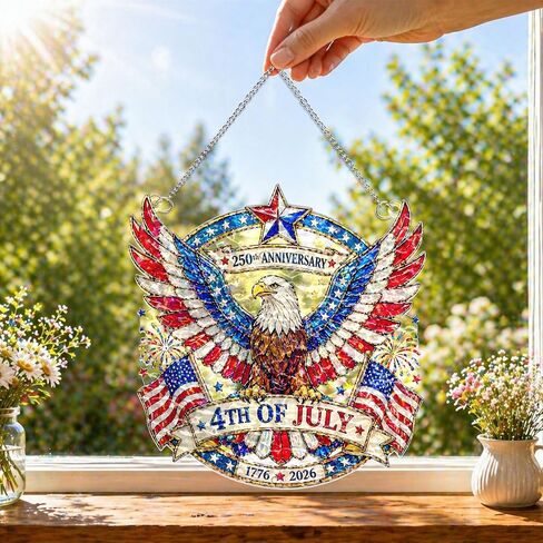 250th Anniversary USA Suncatcher -(8 Inches) Eagle Wavy Acrylic Stained Glass Suncatcher Window Hanging, Independence Day 4th of July Decorations for Home & Garden, 2026 Patriotic, B in Saudi Arabia