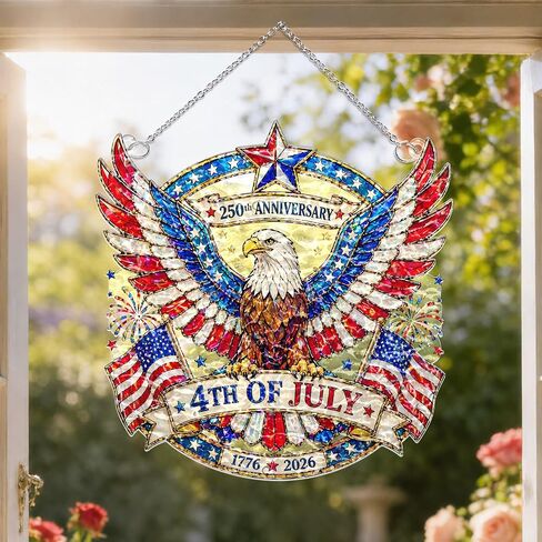 250th Anniversary USA Suncatcher -(8 Inches) Eagle Wavy Acrylic Stained Glass Suncatcher Window Hanging, Independence Day 4th of July Decorations for Home & Garden, 2026 Patriotic, B in Saudi Arabia