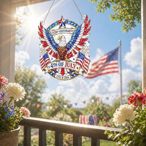 250th Anniversary USA Suncatcher -(8 Inches) Eagle Wavy Acrylic Stained Glass Suncatcher Window Hanging, Independence Day 4th of July Decorations for Home & Garden, 2026 Patriotic, B in Saudi Arabia