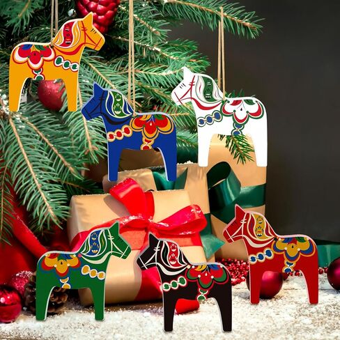 Dala Horse Swedish Christmas Decorations 6 PCS Double-Sided Wooden Dala Horse Ornament for Home Christmas Tree,Table,Wall, Party Gift in Saudi Arabia