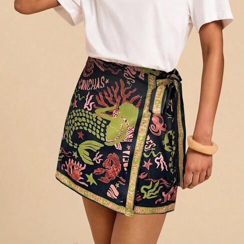 Womens Wrap Mini Skirt Boho Floral Printed Knot Side High Waist A Line Casual Summer Beach Short Skirt Black Gold in Saudi Arabia
