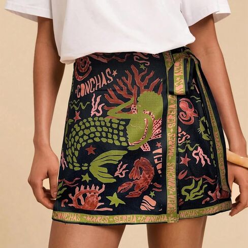 Womens Wrap Mini Skirt Boho Floral Printed Knot Side High Waist A Line Casual Summer Beach Short Skirt Black Gold in Saudi Arabia