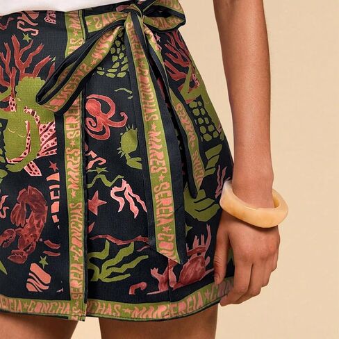 Womens Wrap Mini Skirt Boho Floral Printed Knot Side High Waist A Line Casual Summer Beach Short Skirt Black Gold in Saudi Arabia