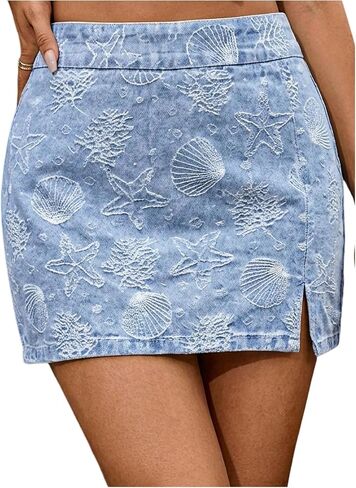 WDIRARA Women's High Waisted Denim Mini Skirt Starfish Seashell Side Slit Jean Skirts in Kuwait