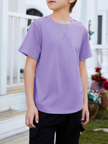 Boys Short Sleeve Tshirts Soft Summer Tops Trendy Cross Stitch Crewneck Tees with Curved Hem Top for Ages 5-14 in Kuwait