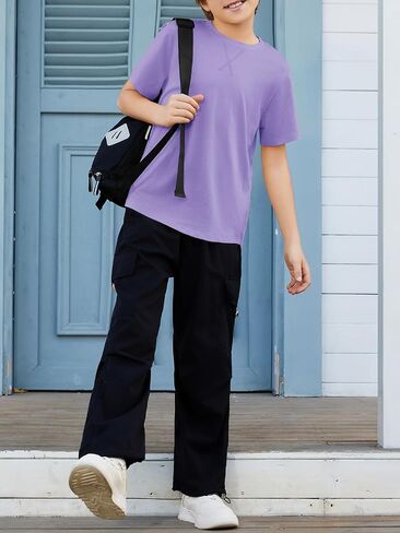 Boys Short Sleeve Tshirts Soft Summer Tops Trendy Cross Stitch Crewneck Tees with Curved Hem Top for Ages 5-14 in Kuwait