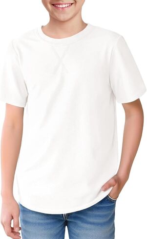 Boys Short Sleeve Tshirts Soft Summer Tops Trendy Cross Stitch Crewneck Tees with Curved Hem Top for Ages 5-14 in Kuwait