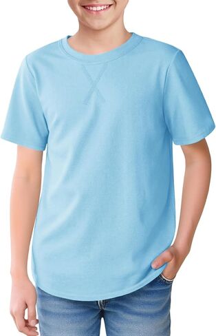 Boys Short Sleeve Tshirts Soft Summer Tops Trendy Cross Stitch Crewneck Tees with Curved Hem Top for Ages 5-14 in Kuwait