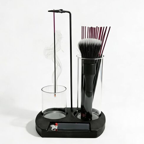 Incense Holder for Sticks 3 in 1 Glass Incense Burner with Lighter Holder and Ash Catcher Upside Down Anti-Ash Stick Holder with Storage Modern Zen Decor for Yoga Meditation Brush [Black] in Saudi Arabia