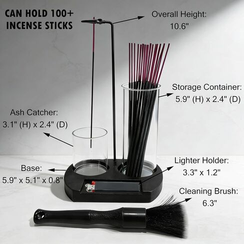 Incense Holder for Sticks 3 in 1 Glass Incense Burner with Lighter Holder and Ash Catcher Upside Down Anti-Ash Stick Holder with Storage Modern Zen Decor for Yoga Meditation Brush [Black] in Saudi Arabia