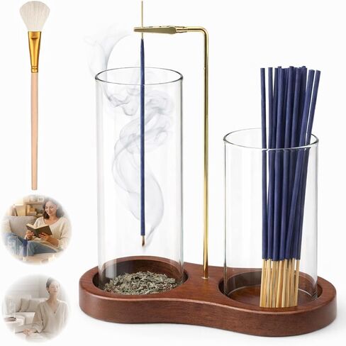 2-in-1 Incense Holder with Glass Ash Catcher & Stick Storage, Wooden Incense Burner for Relaxation, Stress Relief, Mess-Free Home Use, Self-Care, Meditation, Yoga, Bedroom & Living Room (Retro) in Saudi Arabia