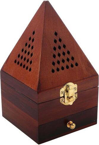 Garneck Vintage Wooden Incense Box with Hollow Pyramid Design, Cone Incense Burner and Drawer, Chinese Style Tabletop Censer for Home Fragrance and Meditation Use in Saudi Arabia