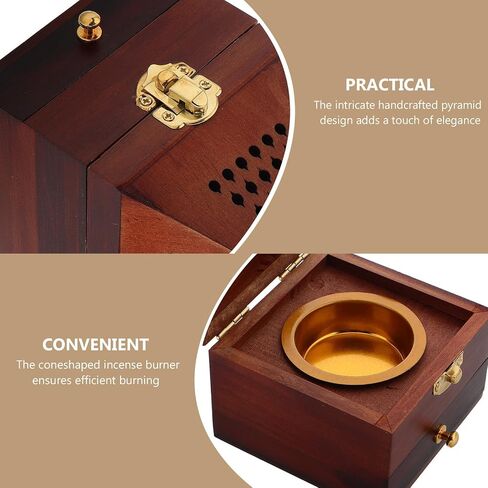 Garneck Vintage Wooden Incense Box with Hollow Pyramid Design, Cone Incense Burner and Drawer, Chinese Style Tabletop Censer for Home Fragrance and Meditation Use in Saudi Arabia