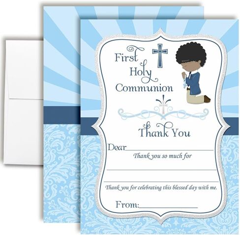 First Holy Communion Religious Thank You Notes for Boys (Light Skin, Brown Hair), Ten 4" x 5.5" Fill In The Blank Cards with 10 White Envelopes by AmandaCreation in Kuwait