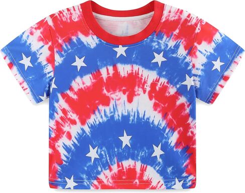 Girls American Flag Crop Tops July 4th Patriotic Short Sleeve Red White and Blue Tie Dye Tshirts Size 6-14 in Saudi Arabia
