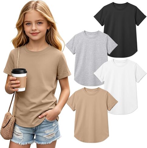 4 Pack Girls Short Sleeve T Shirts Crewneck Rolled Cuffs Cute Shirts Summer Basic Tees Teen Kids Tops 5-14 Years in Saudi Arabia