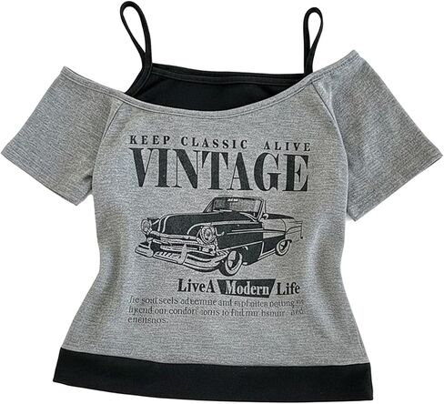 RoseSeek Girl's Letter Car Graphic T Shirt Cold Shoulder Short Sleeve 2 in 1 Tee Tops in Kuwait